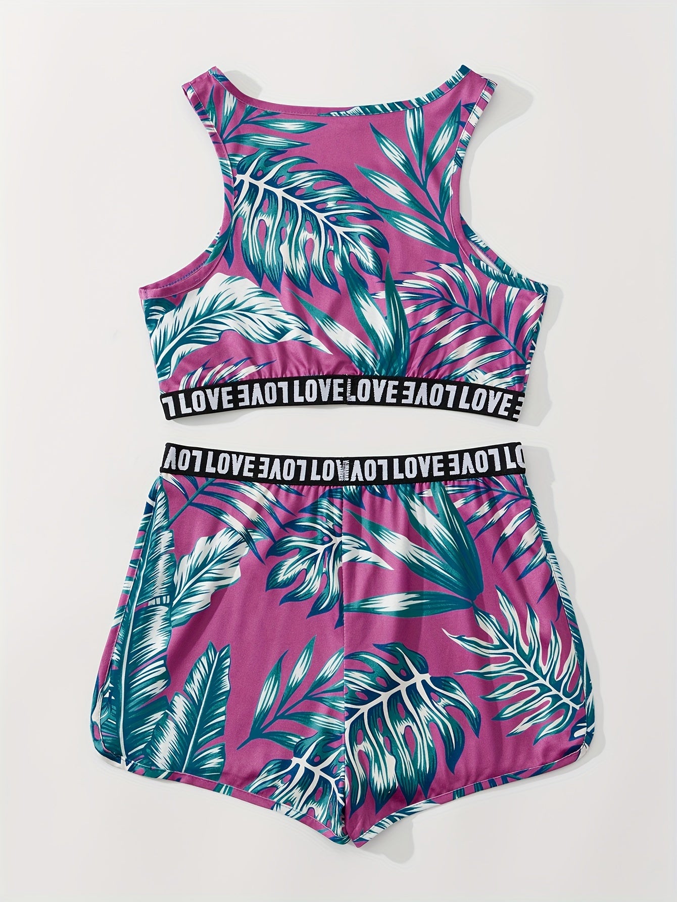 Leaf Print Pajamas Set Sleeveless Tank Top & Shorts PJ Set