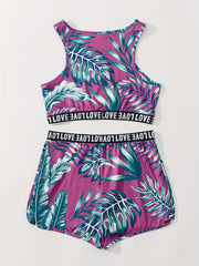 Leaf Print Pajamas Set Sleeveless Tank Top & Shorts PJ Set