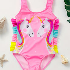 Girls' Pony Graphic Swimsuit with Ruffled Sleeves