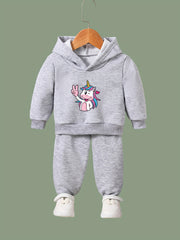 Cartoon Unicorn Hooded Pullover Pants Set For Sports Spring Fall