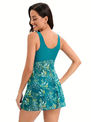 Tropical Print Tankini Set V Neck Swimsuit