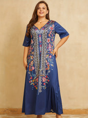 Boho Dress Women's Plus Border Floral Print V Neck Maxi Dress