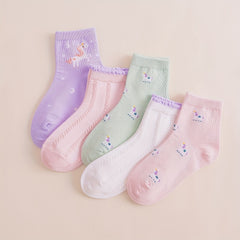 5 Pairs Girls Soft Lace Mesh Lamb Socks Breathable Cotton Crew Children's Socks