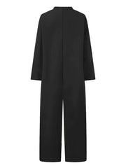 Solid Pockets Jumpsuit Casual Stand Collar Button Front Long Sleeve
