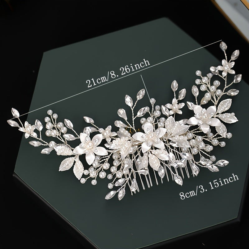 Leaf Flower Bride Wedding Hair Comb Faux Pearl Bridal Hair Piece Crystal