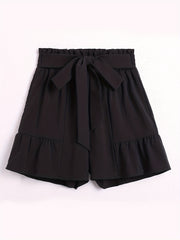 Ruffle Trim Pleated Belted Shorts Casual Women's Clothing