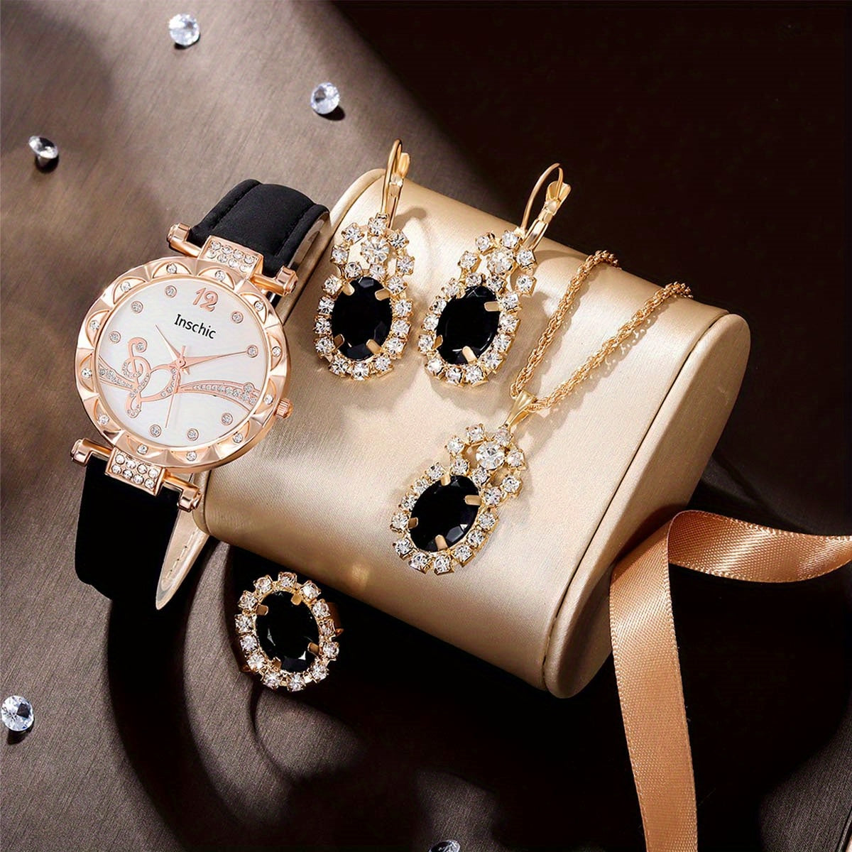 5pcs Square Rhinestone Junior High School Students Leather Quartz Watch Set