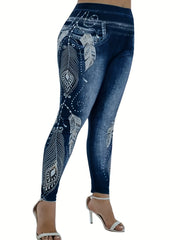 Denim & Graphic Print Skinny Leggings Women's Clothing