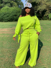 Slanted Shoulder Long Sleeve Tops & Drawstring Pants Set