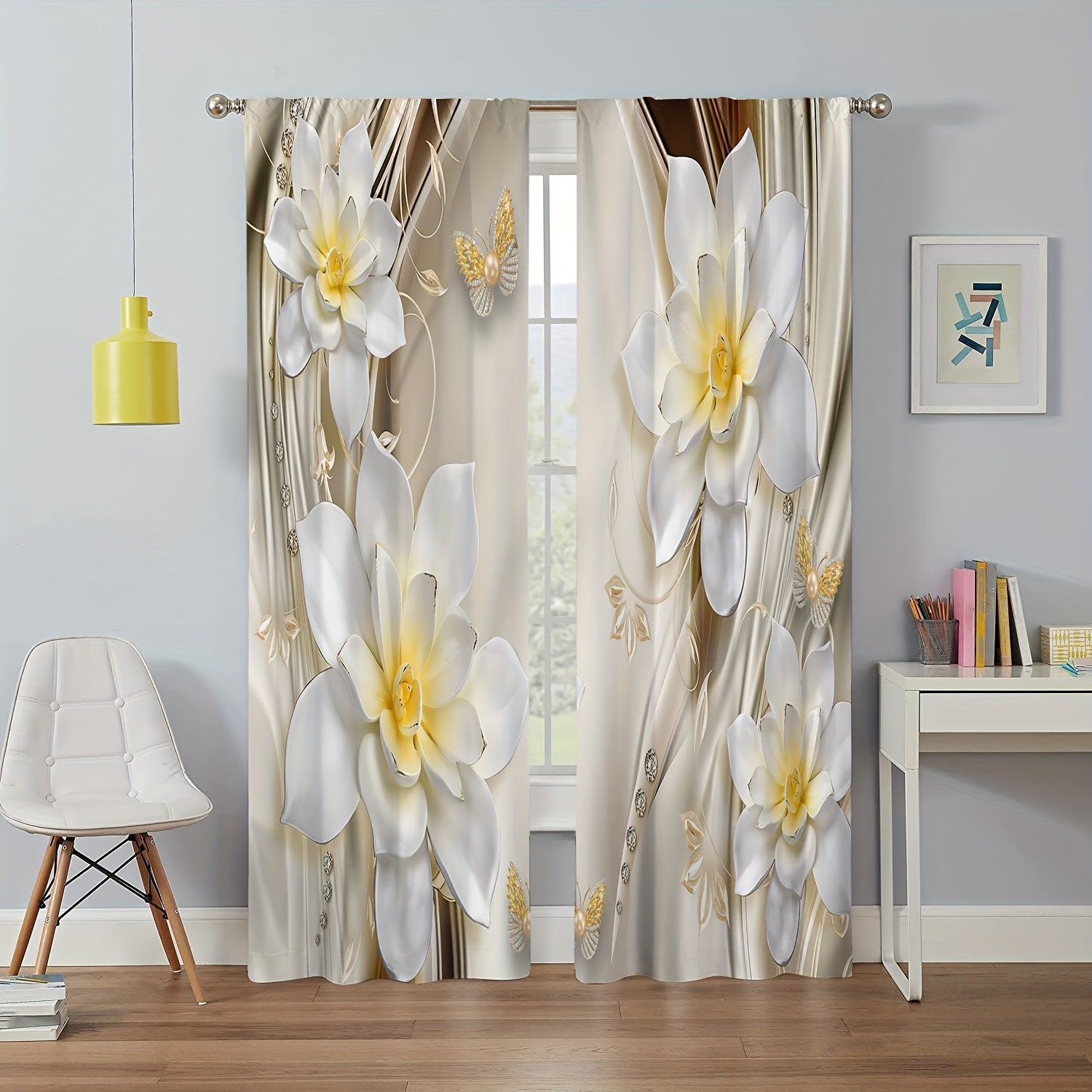 2pcs Flower Crystal Printed Window Curtain Home Decoration