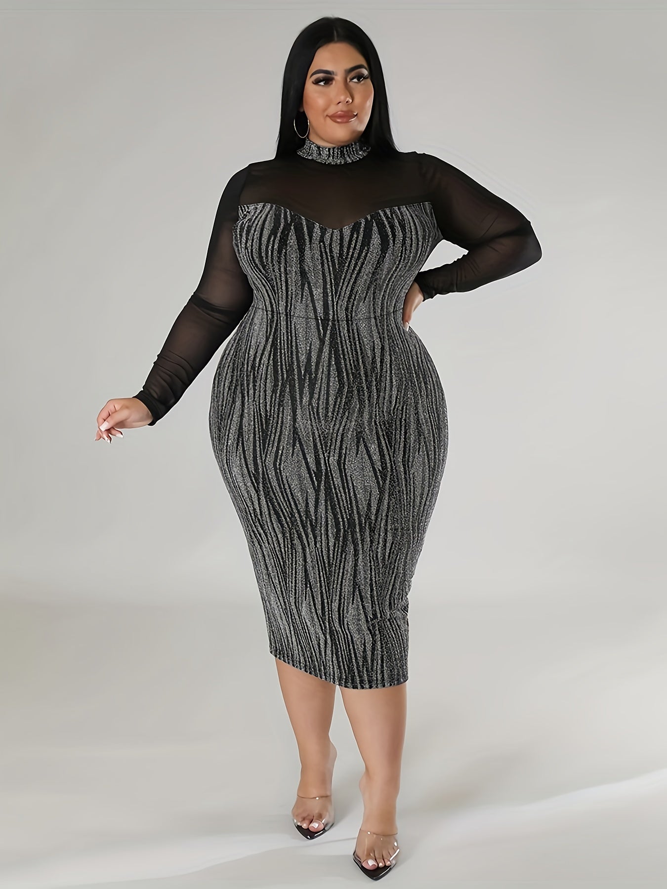 Geometric Print Mesh Bodycon Dress