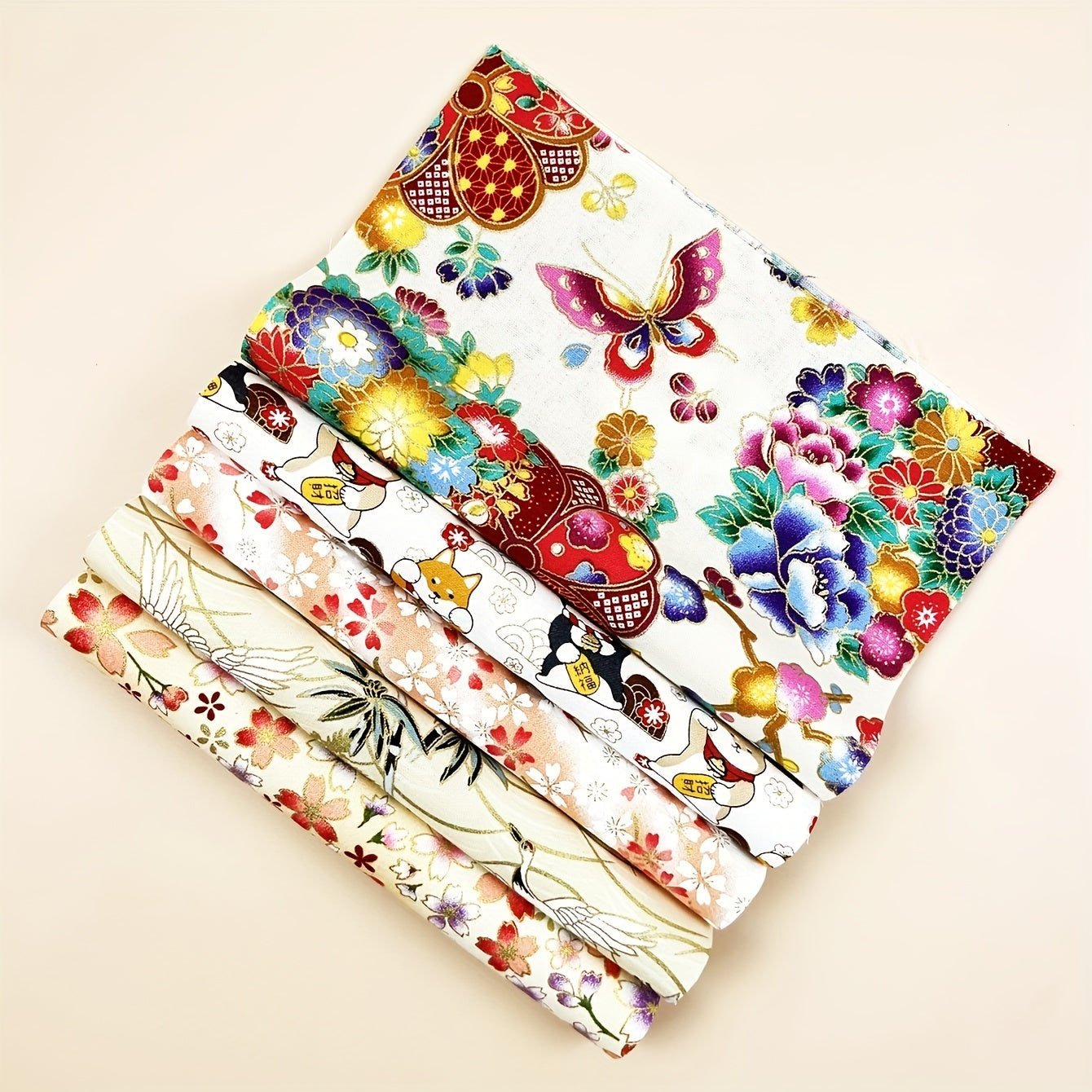 5pcs Beige Cotton Quilted Fabric Set For Sewing Patching Handicraft