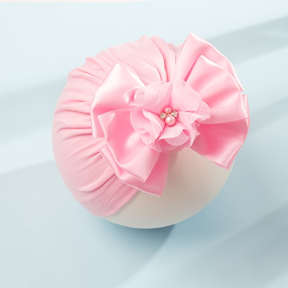 Baby Girls Bow Turban Cap With Faux Pearl Decorative Accessories