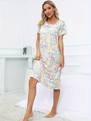 Floral Print Lounge Dress Crew Neck Short Sleeve