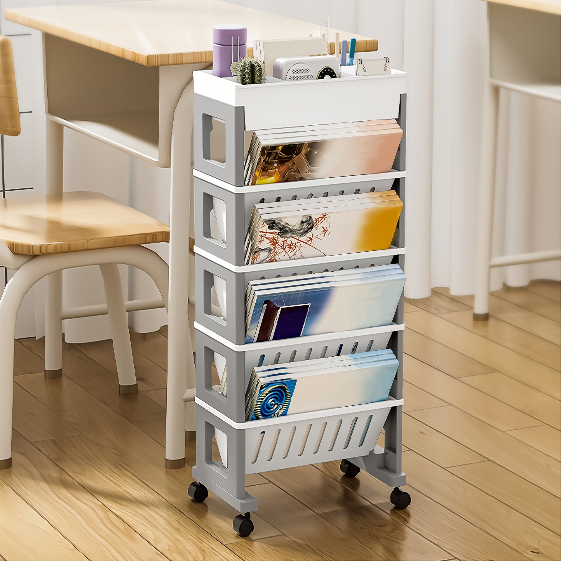 5-6 Level Movable Bookshelf Desk Side Bookshelf