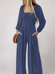 Solid Shirred Long Sleeve Wide Leg Jumpsuit