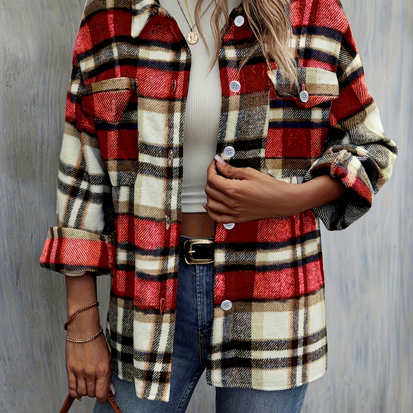 Button Plaid Drop Shoulder Jacket for Fall & Winter