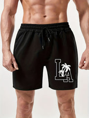 Letter & Tree Print Men's Comfy Shorts Summer Drawstring Casual Loose Shorts