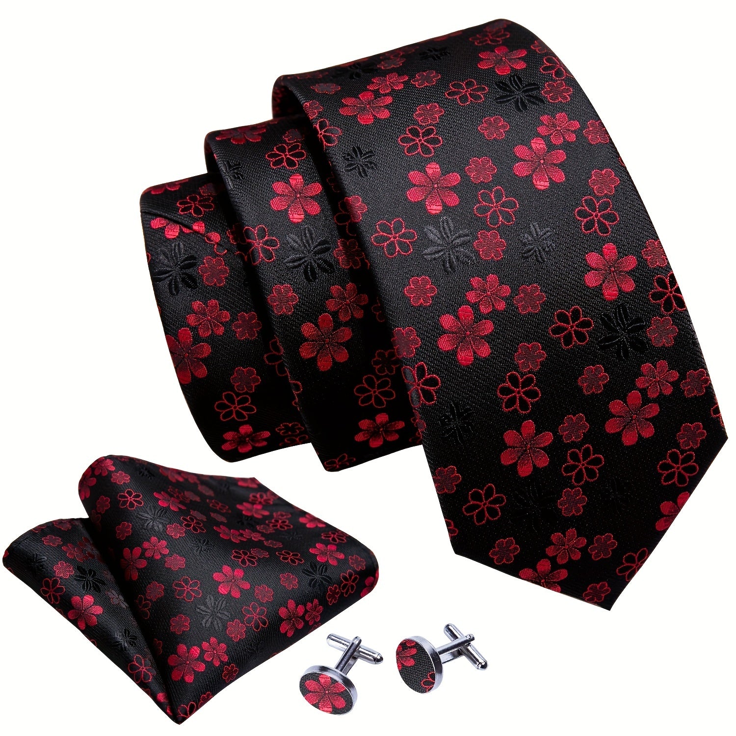 Barry Wang Men Ties Woven Silk Pocket Square Cufflinks Necktie Set