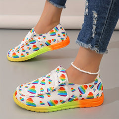 Women's Rainbow Heart Print Canvas Shoes Casual Lace Up Outdoor Shoes