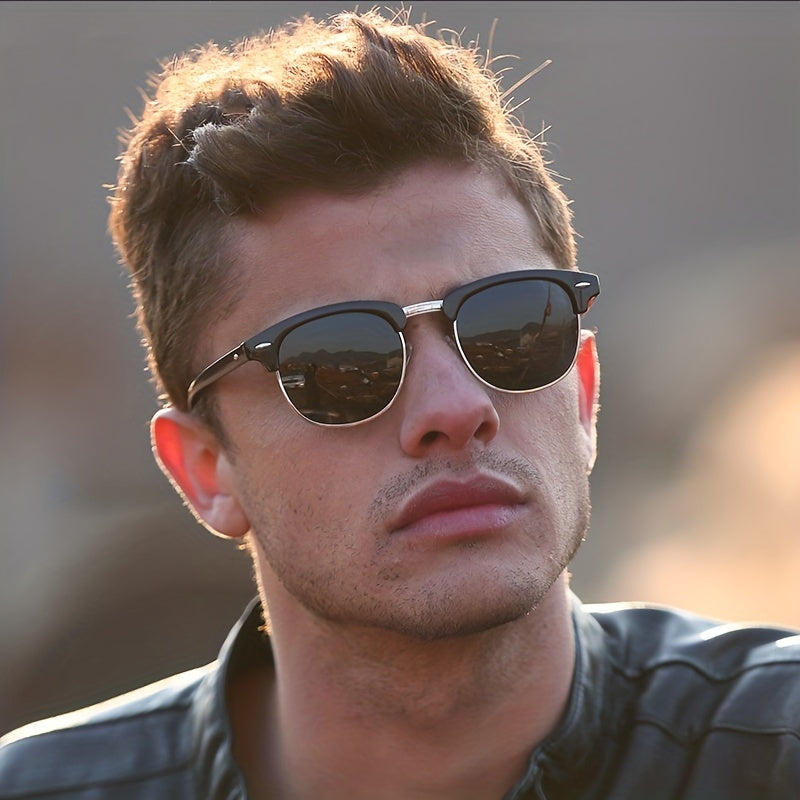 Men's Half Frame Sunglasses UV400 Retro Round Glasses