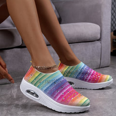 Rhinestone Rainbow Stripe Walking Shoes with Air Cushion
