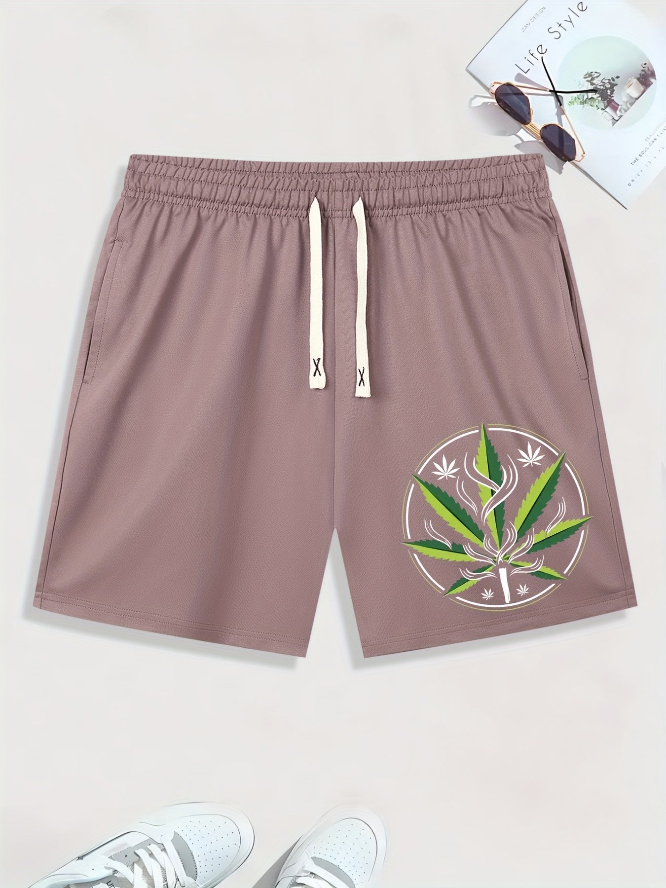 Leaf Print Men s Casual Drawstring Shorts