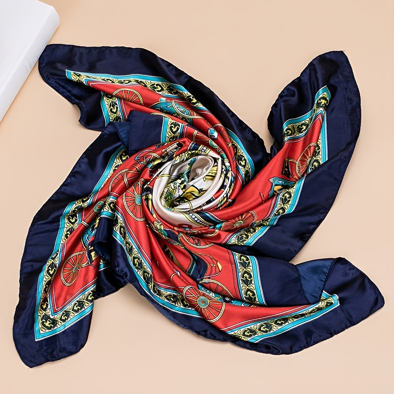 Vintage Satin Scarf Carriage Print Shawl Sunscreen Head Wrap