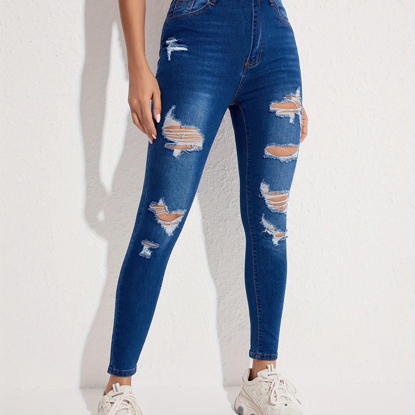 Ripped Holes Skinny Jeans Slim Fit Slash Pockets Slight Stretch