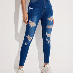 Ripped Holes Skinny Jeans Slim Fit Slash Pockets Slight Stretch