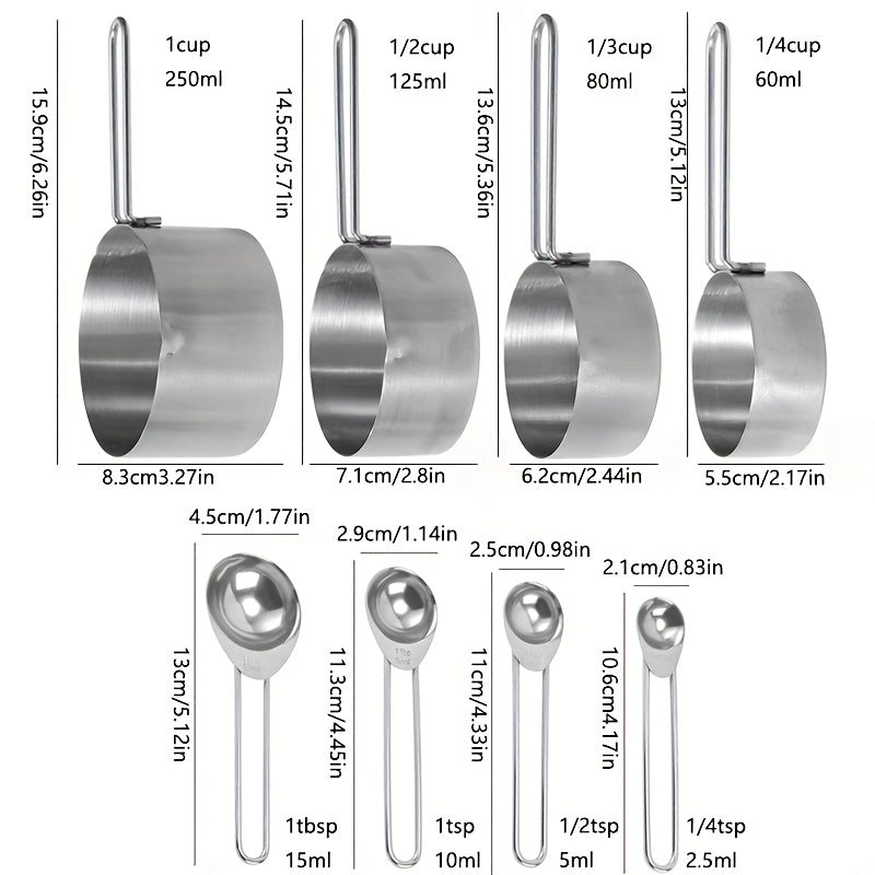 8pcs Measuring Cups/Spoons Set Stainless Steel Handle Cup Graduated Spoon