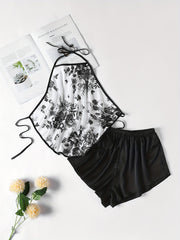 Floral Print Pajama Set Halter Lace Up Top & Shorts