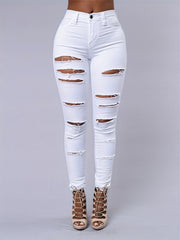 Ripped Holes Straight Jeans Distressed Denim Pants Women's Denim Clothing