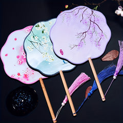 Flower Print Handheld Fan Wooden Handle Ancient Costume Accessories Fan