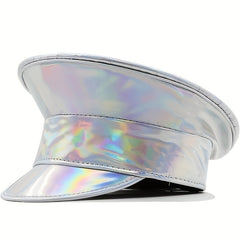 Rainbow Holographic Captain Hat Laser PU Military Hat Hip Hop Beret
