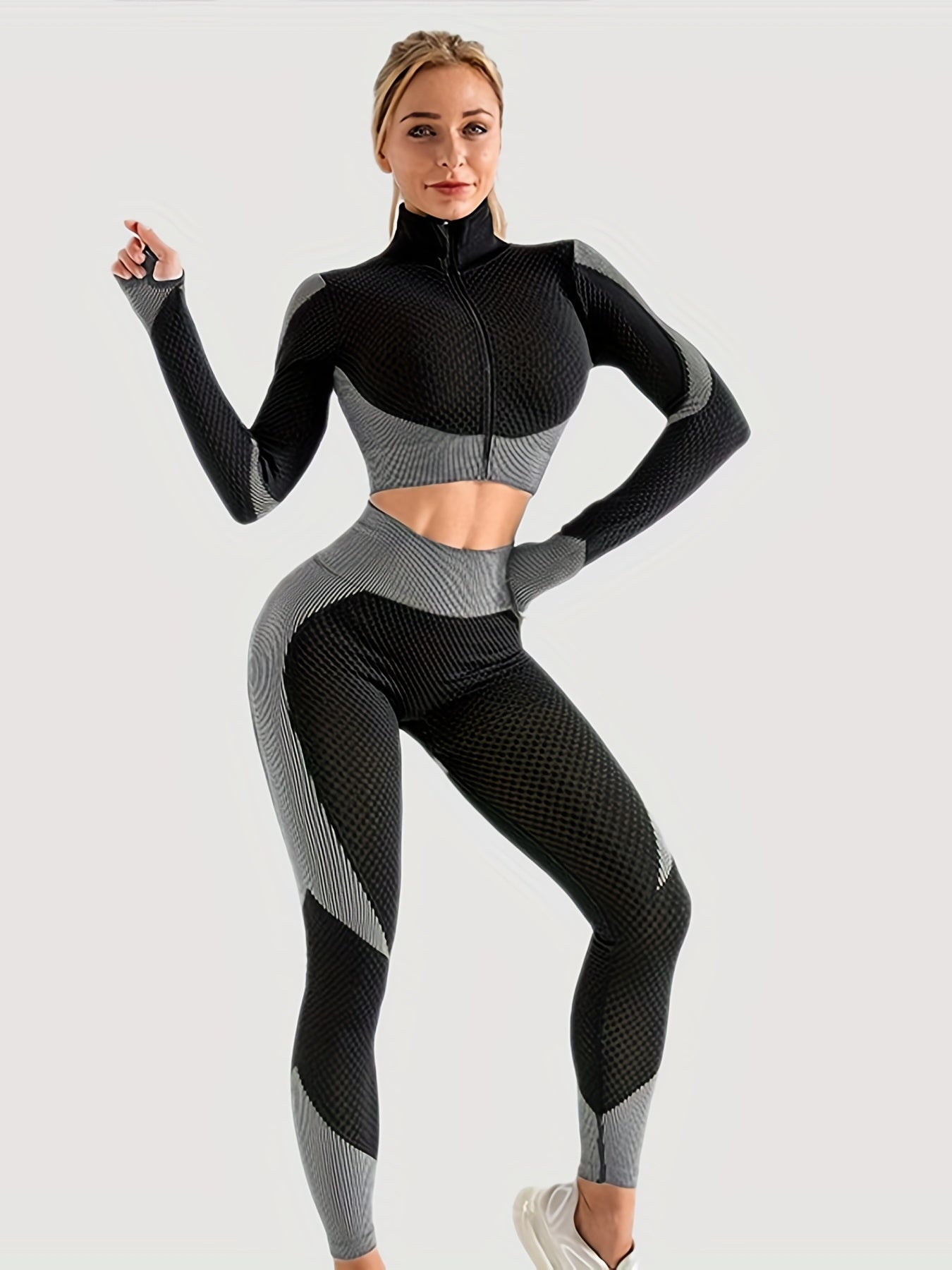Yoga Crop Top & Leggings Set, Long Sleeve Zipper Workout, High Waist