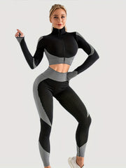 Yoga Crop Top & Leggings Set, Long Sleeve Zipper Workout, High Waist