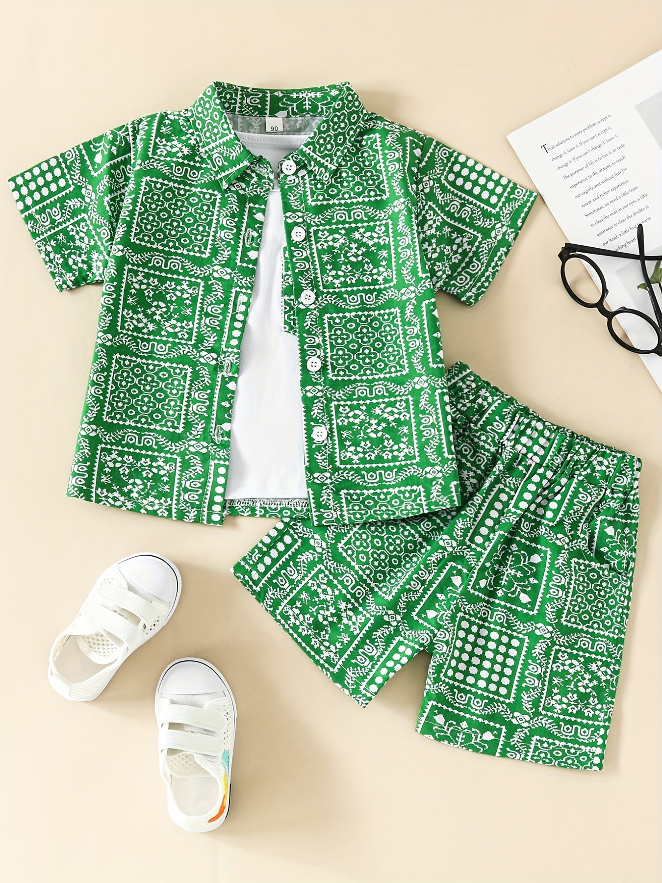 Boys Allover Print Outfit Short Sleeves Shirt & T shirt & Shorts