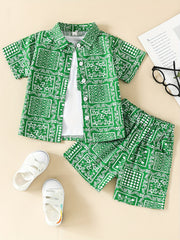 Boys Allover Print Outfit Short Sleeves Shirt & T shirt & Shorts