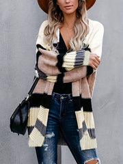 Colorblock Ribbed Knit Long Sleeve Open Front Sweater Cardigan