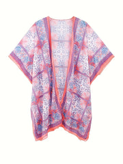Boho Cover Up Women's Plus Paisley & Scarf Print Batwing Sleeve
