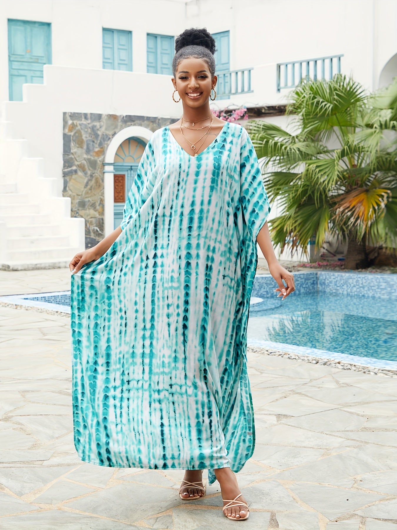 Women's Plus Tie Dye V Neck Bat Sleeve Maxi Cover Up Dress