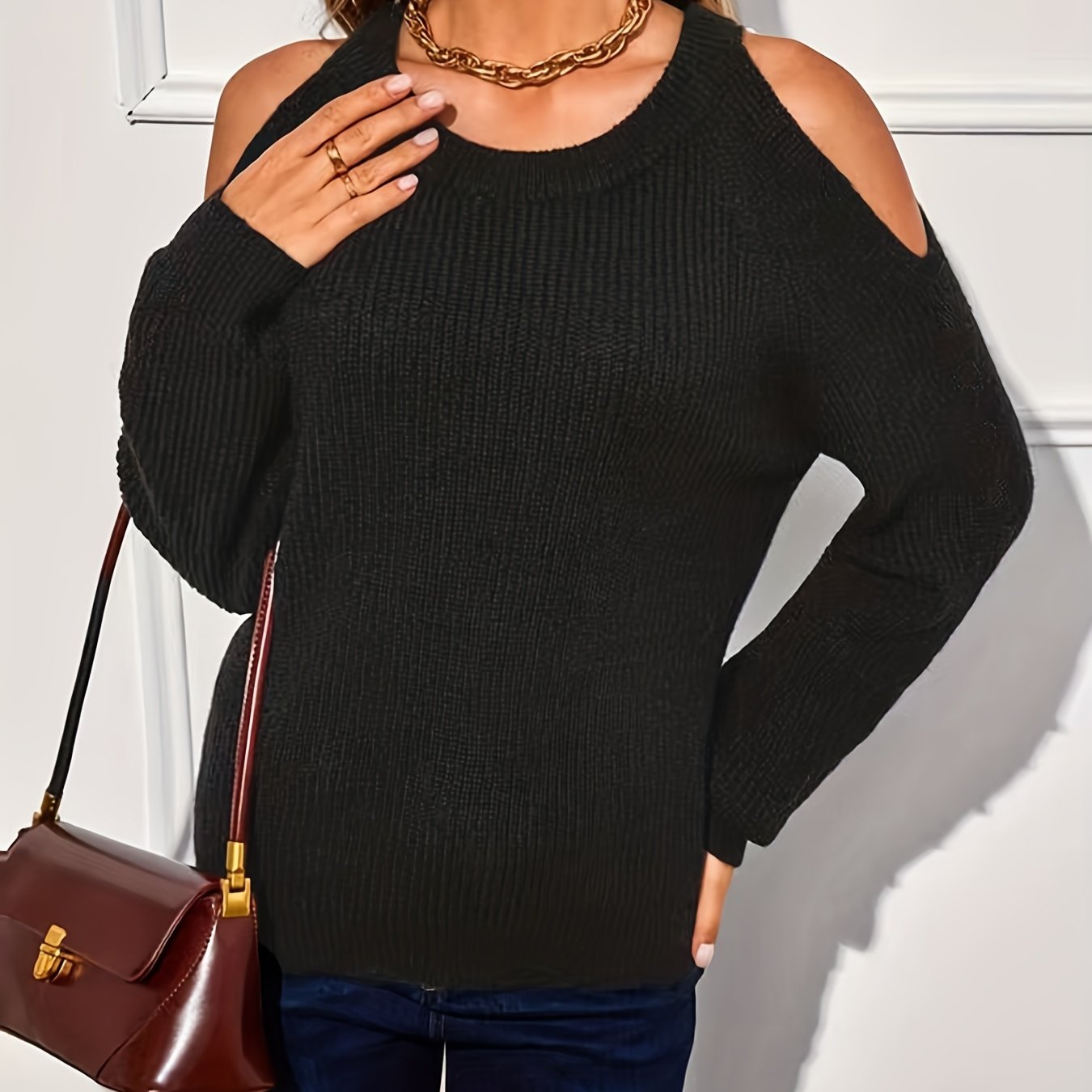 Cold Shoulder Pullover Sweater Crew Neck Long Sleeve
