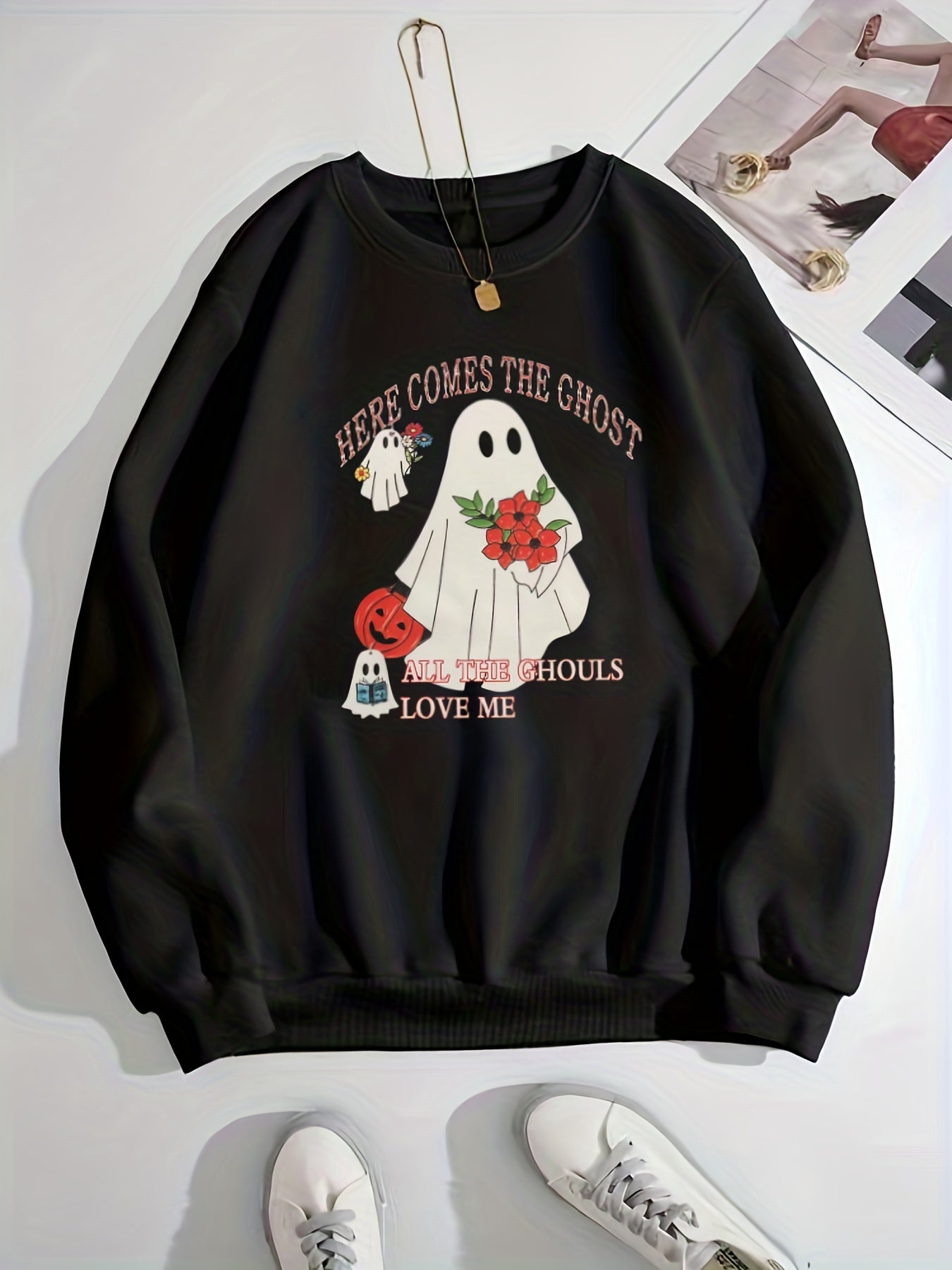 Ghost Print Pullover Sweatshirt for Women
