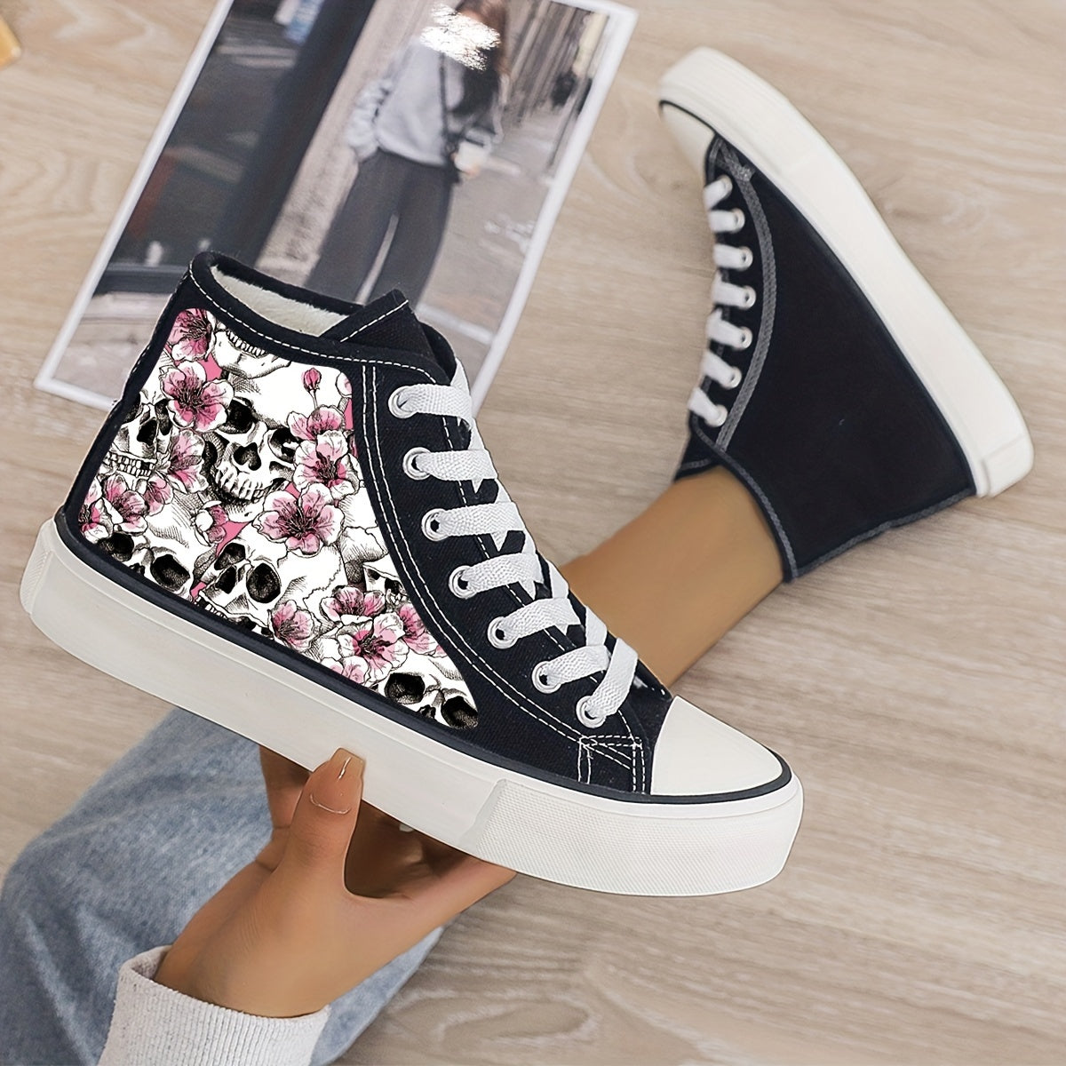 Skull & Flower Plush Lined Thermal Canvas Sneakers