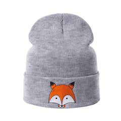 Cartoon Fox Embroidery Beanie Soft Elastic Knit Hat