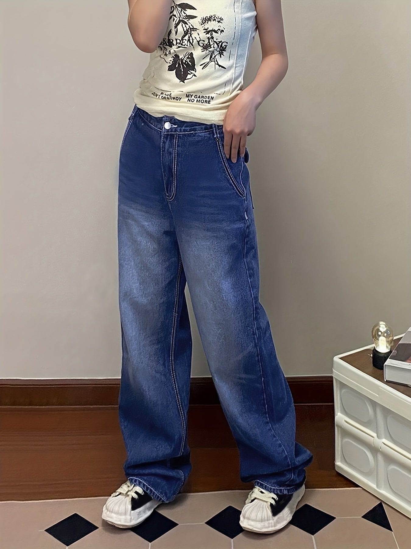 High Waist Wide Leg Vintage 90s Jeans Women Loose Wash Denim Trousers