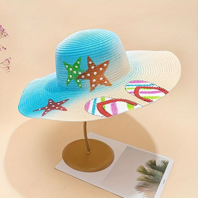 Hand Painted Sun Hat Wide Brim Sea Beach Graffiti Straw Hat