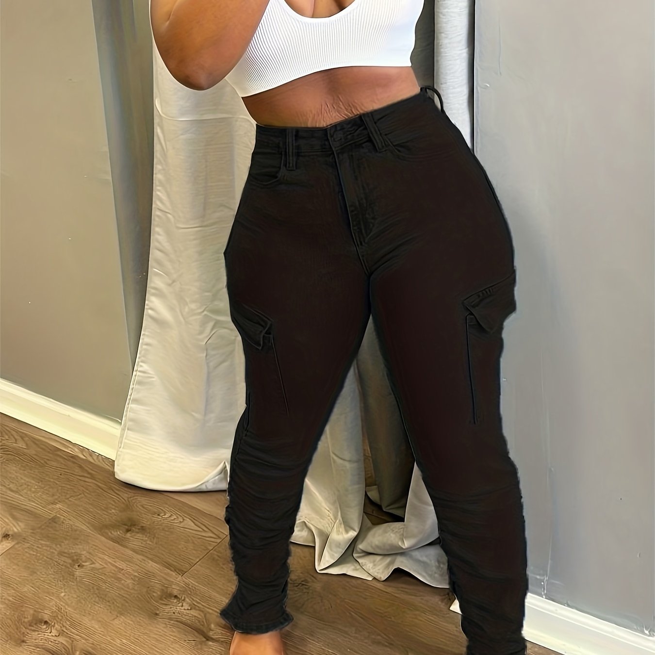 High Waist Cargo Pants Ruched Slim Fit Denim Jeans