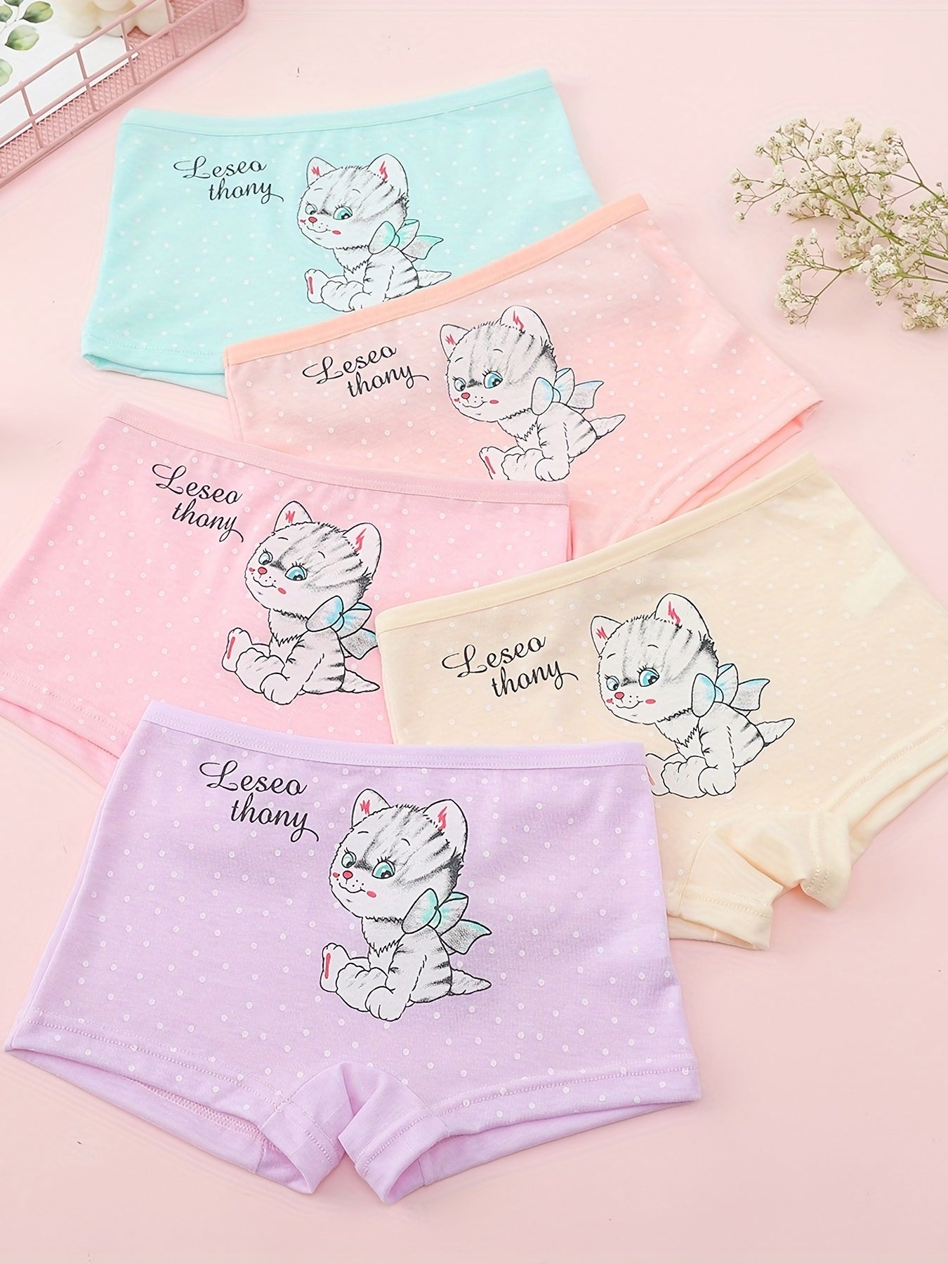 5pcs Girl's Cat Cartoon Underwears Medium Stretch Cotton Panties